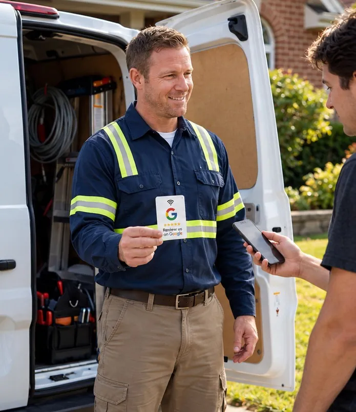 Electrician at his van while the homeowner scans a Google review pocket card