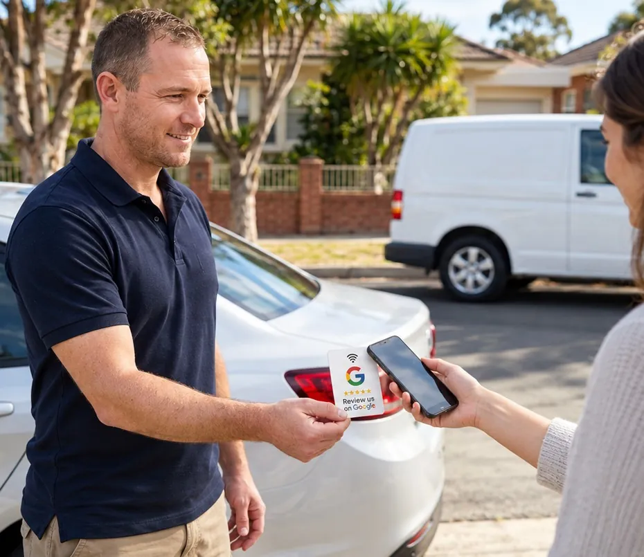 Mobile car detailer handing a Google review pocket card to a customer who taps it with her phone